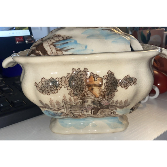 Vintage Transferware Brown Blue Castle Scene Sauce Gravy Tureen Staffordshire - Picture 2 of 13